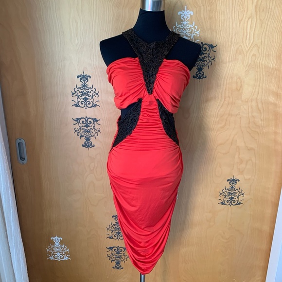 Vintage 2000s Y2K Bebe Red CutOut Sleeveless Asymmetrical Ruched Bodycon Dress M - Picture 1 of 12